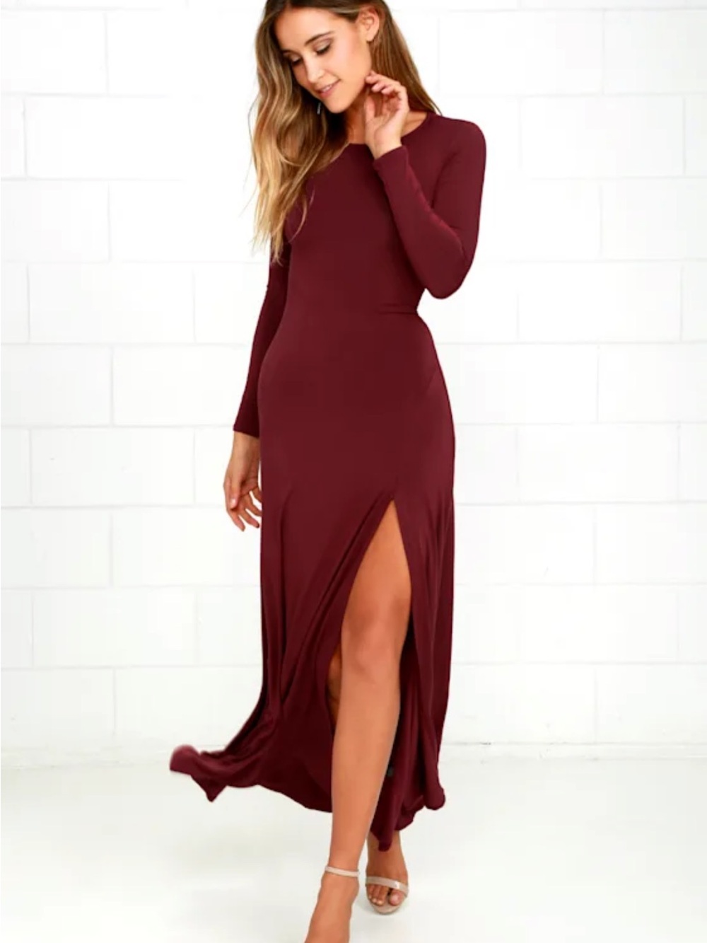 Lulus “Swept Away” Burgundy Wine Long Sleeve Maxi Dress with Front Slit